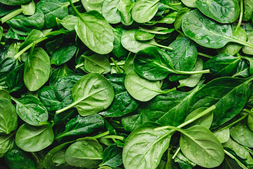 Top view on fresh organic spinach leaves. Healthy green food and vegan background.