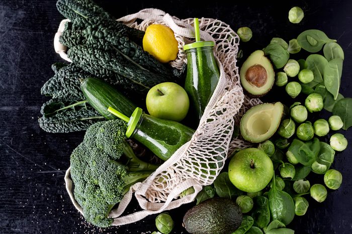 reusable grocery bag with green and yellow fruits vegetables