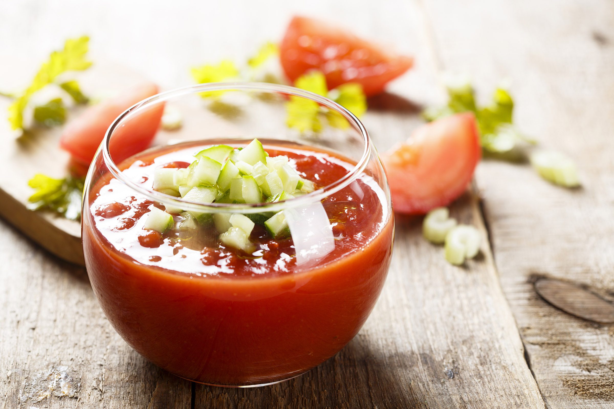 Tomato gazpacho soup with fresh cucumbers