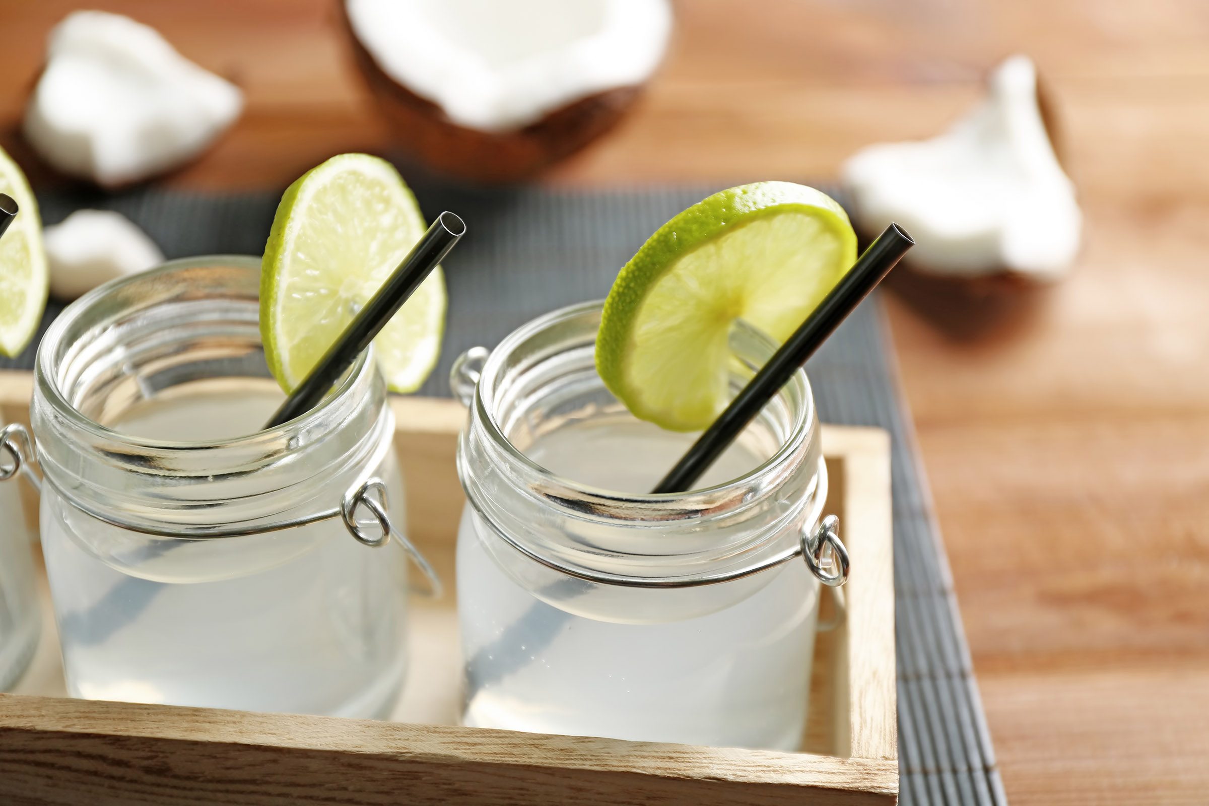 Set of mason jars with coconut water