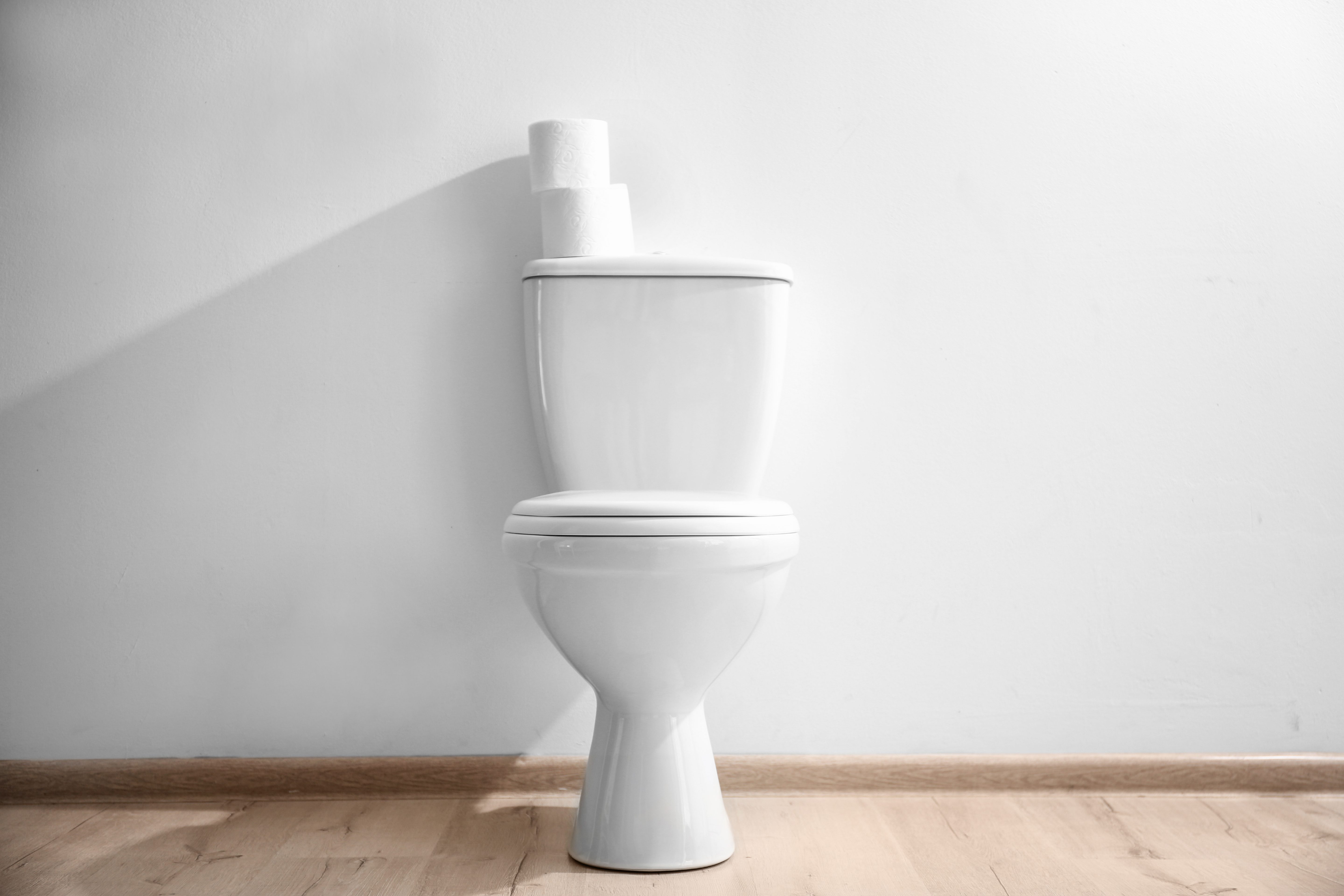 New ceramic toilet bowl near light wall