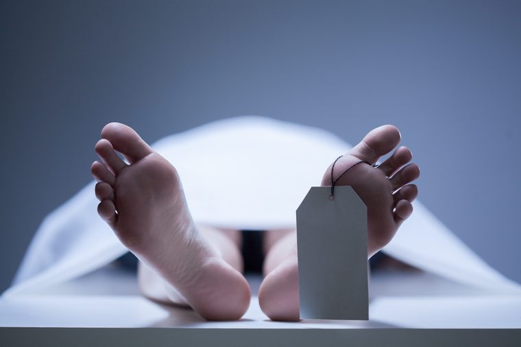 Close-up of human feet in the morgue