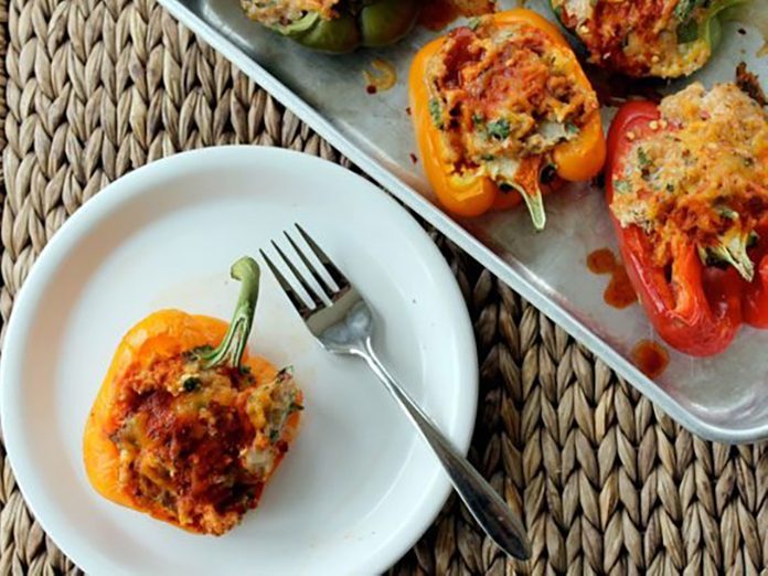 Enchilada Chicken Quinoa Stuffed Bell Peppers