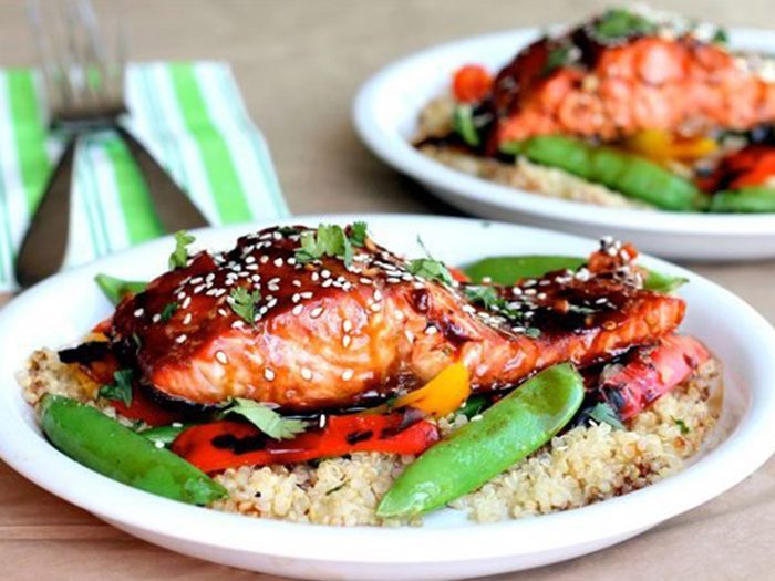 Sesame Ginger Sweet Teriyaki Salmon With Garlic Quinoa Stir Fry