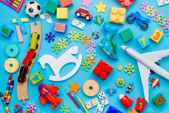 children's toys on blue background