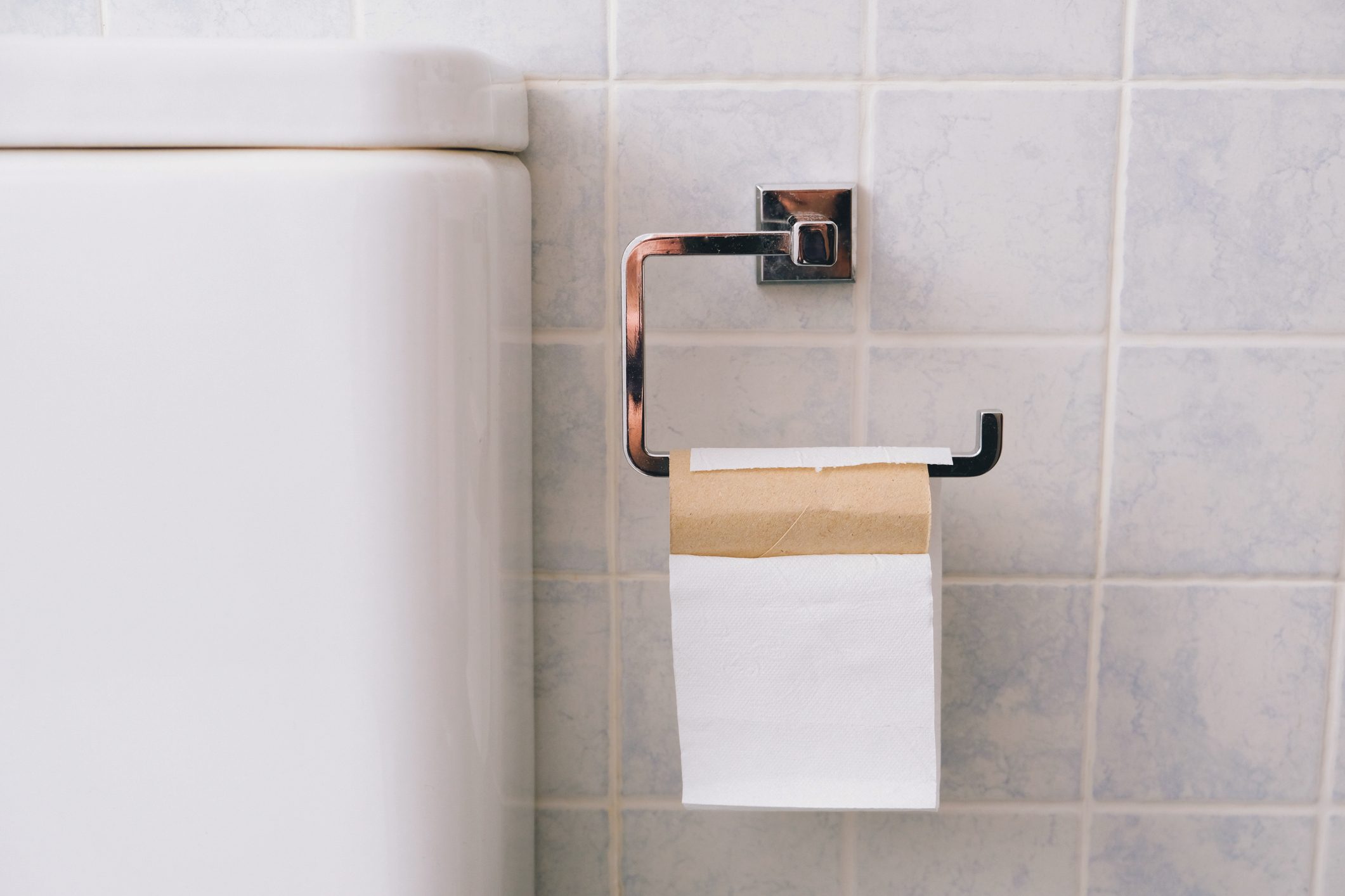 close up of toilet paper roll next to toilet