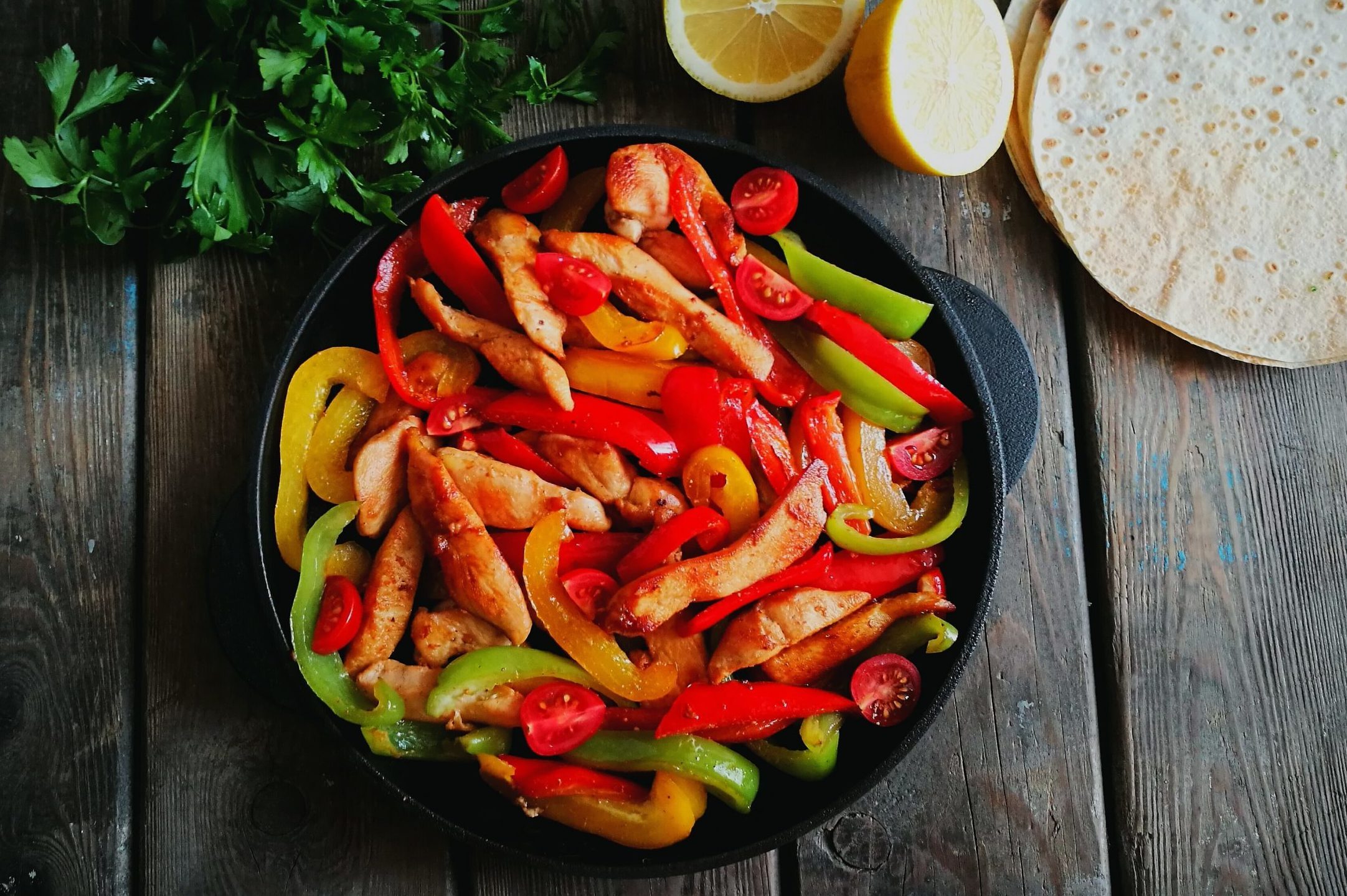 chicken fajitas shot from above