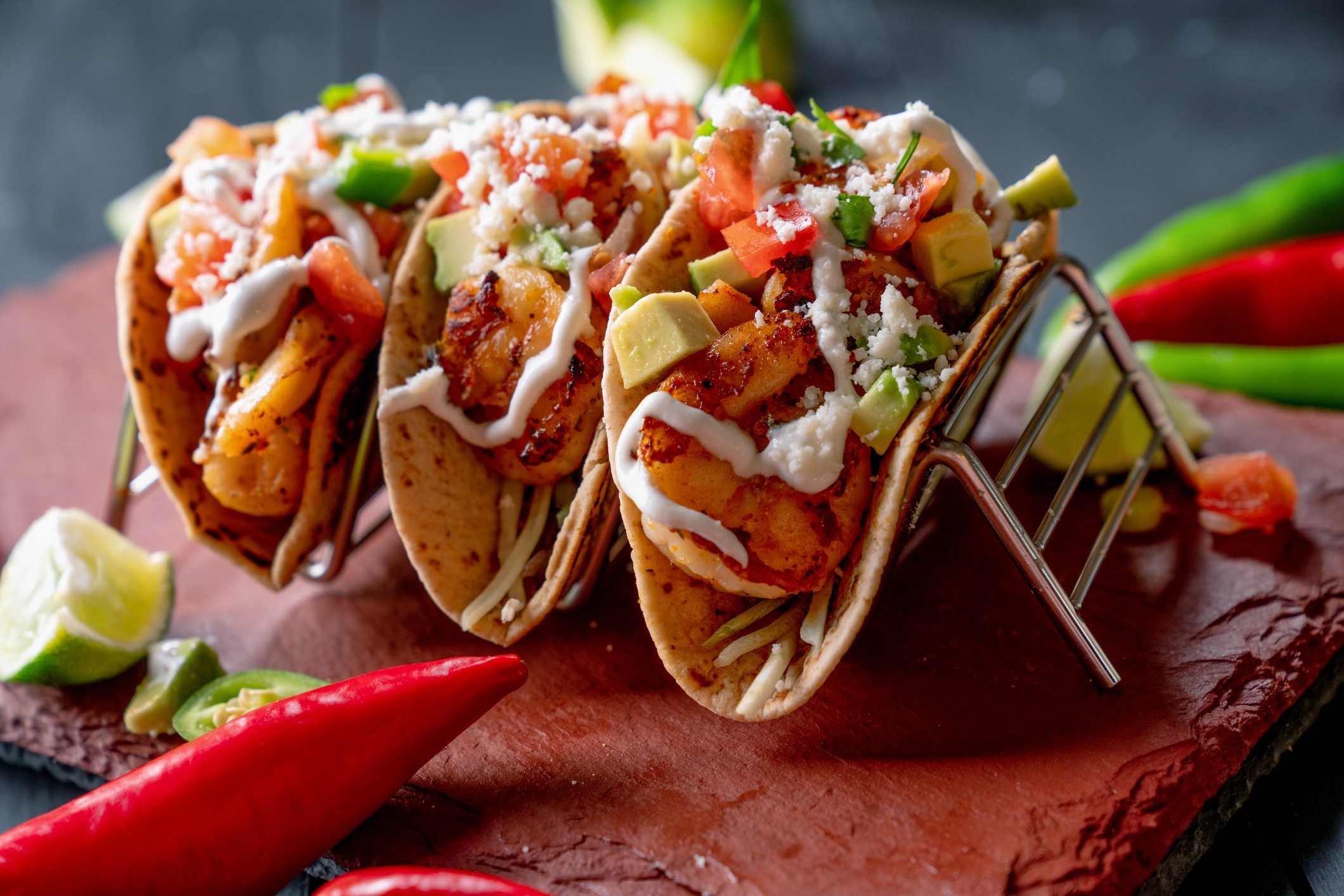 Colorful Street Tacos, Shrimp - Seafood, Fish, Grilled, Ready-To-Eat