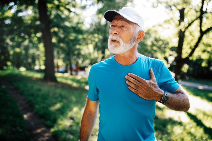 Mature man athlete with sore left chest pain dizziness