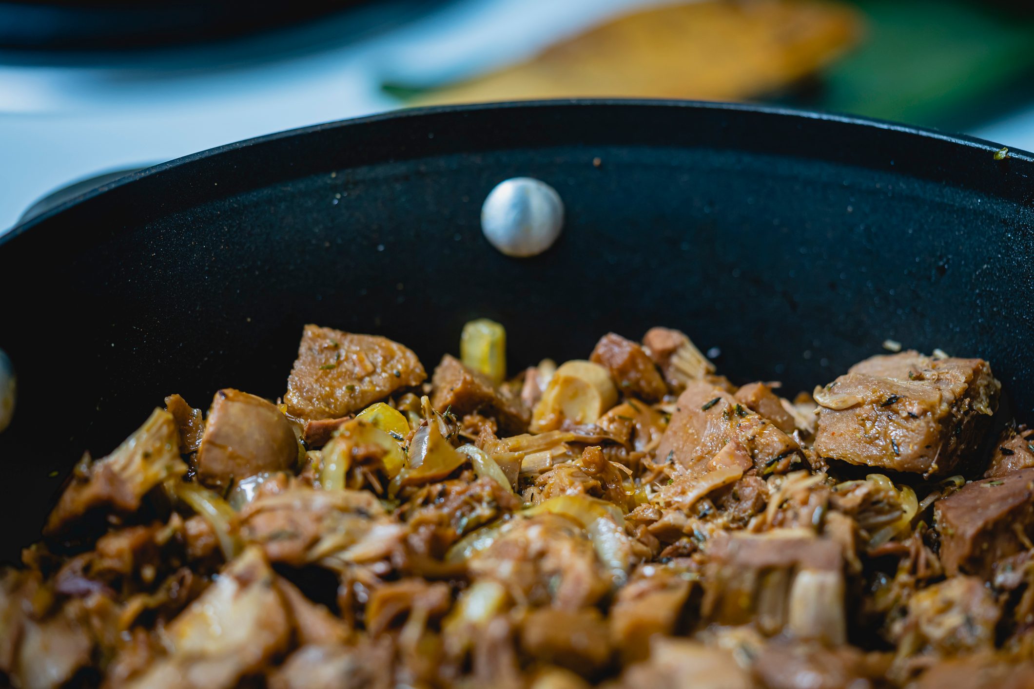 Sauteed Jackfruit with barbecue spices in saute pan.