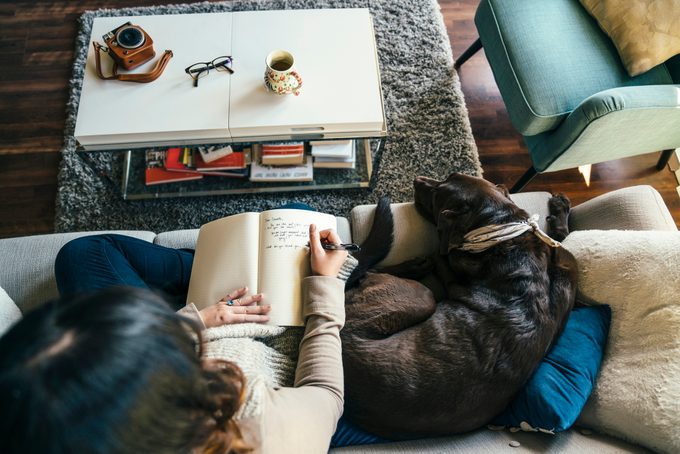 woman on sofa with dog writing in journal