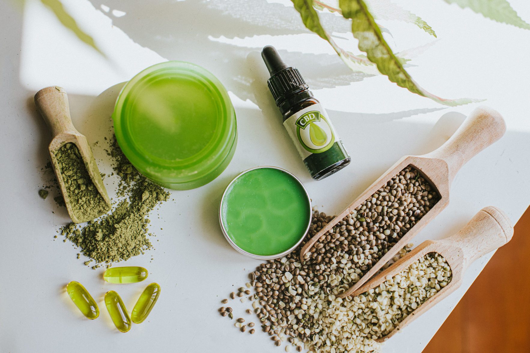 Still-Life Selection of CBD products, conveying vast possibilities of cannabis as an Ingredient in an Alternative therapies, Lifestyle and treatments.