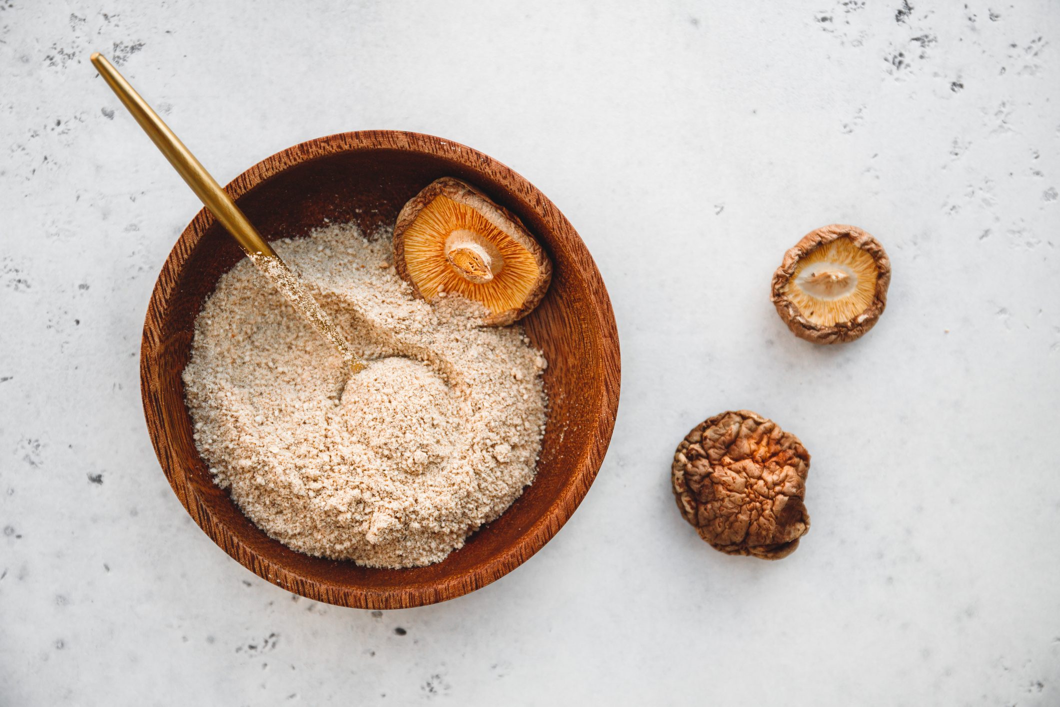 Chinese dried mushrooms powder in bowl