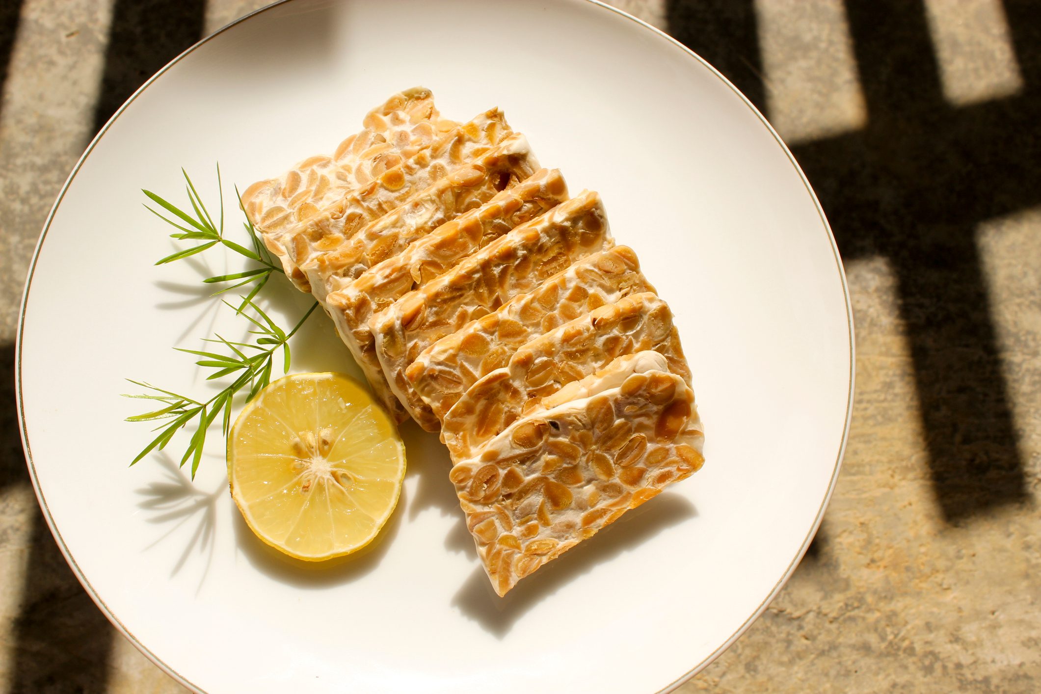 Close-up of raw tempe slices