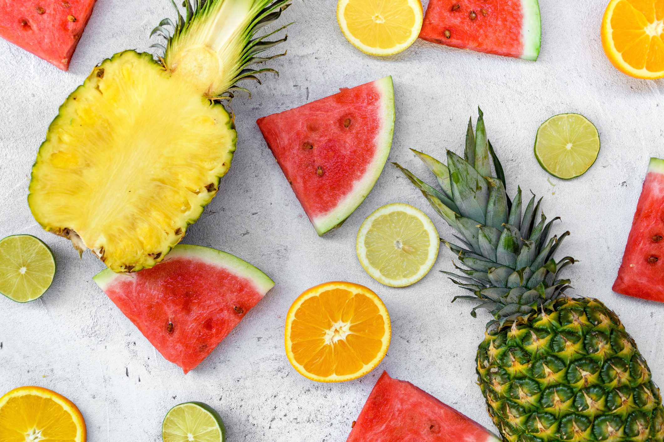 Flat Lay Food, Fresh Fruits, Vitamins, Watermelon, Citrus, Pineapple.