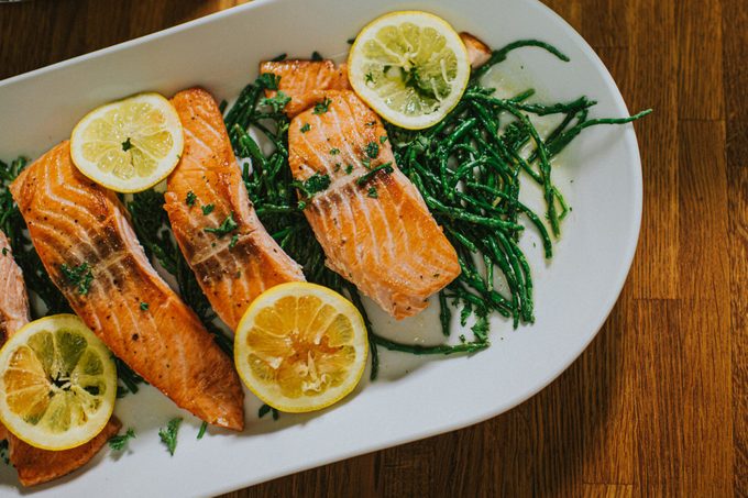 Salmon on a serving plate on a table