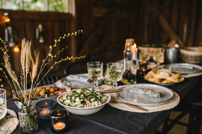 healthy holiday dinner set on beautiful and festive dining table at home