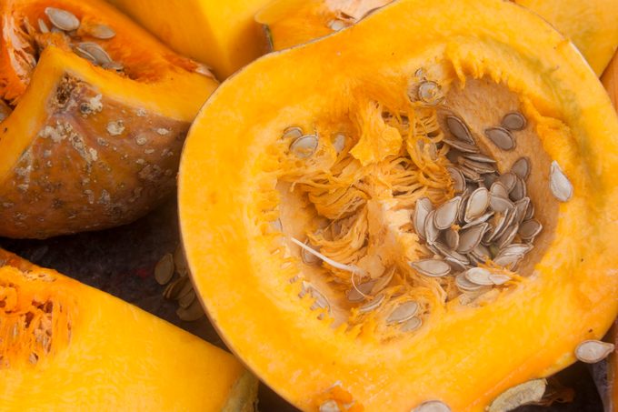 Cross section of pumpkin with seeds