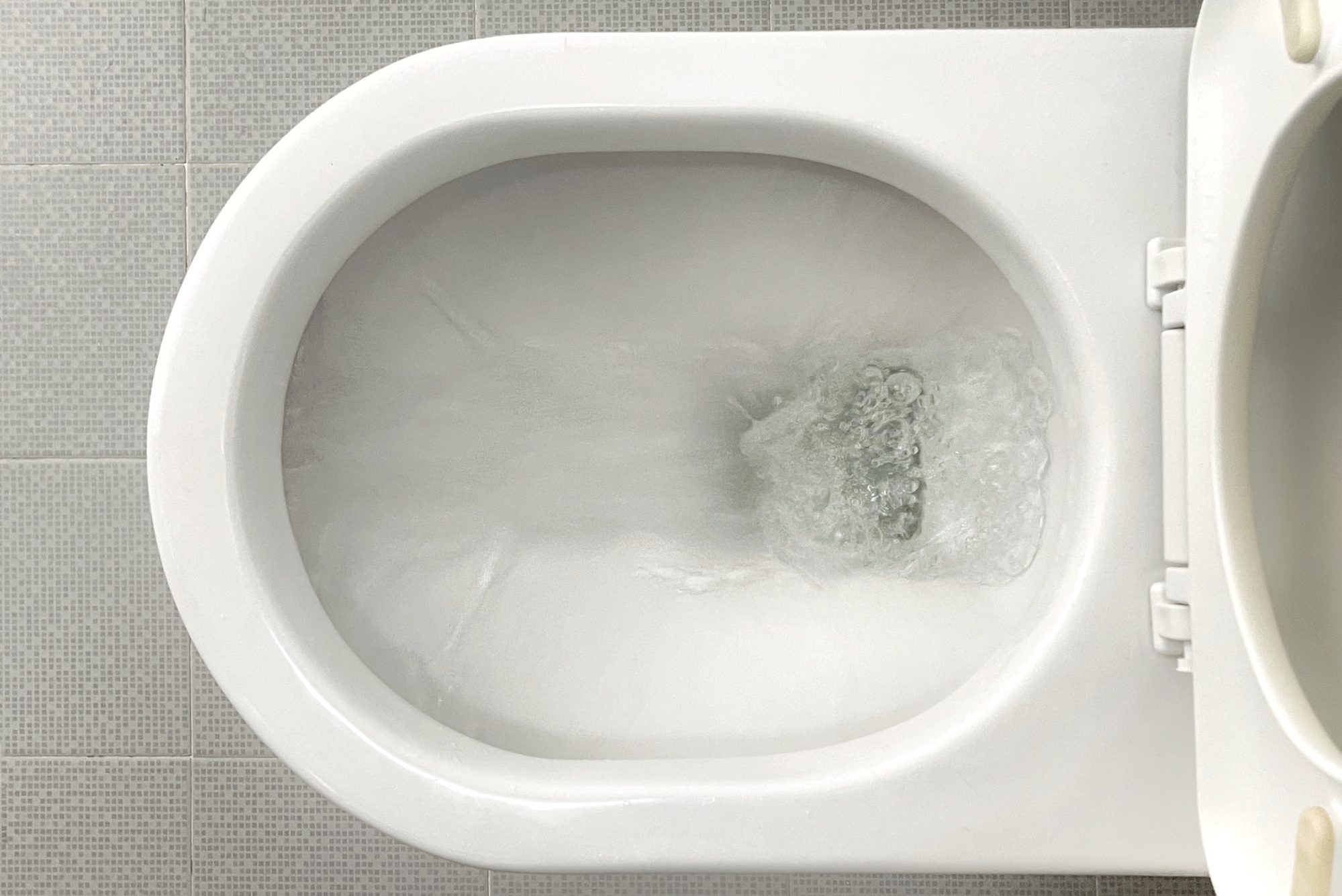 Water flushes down toilet bowl