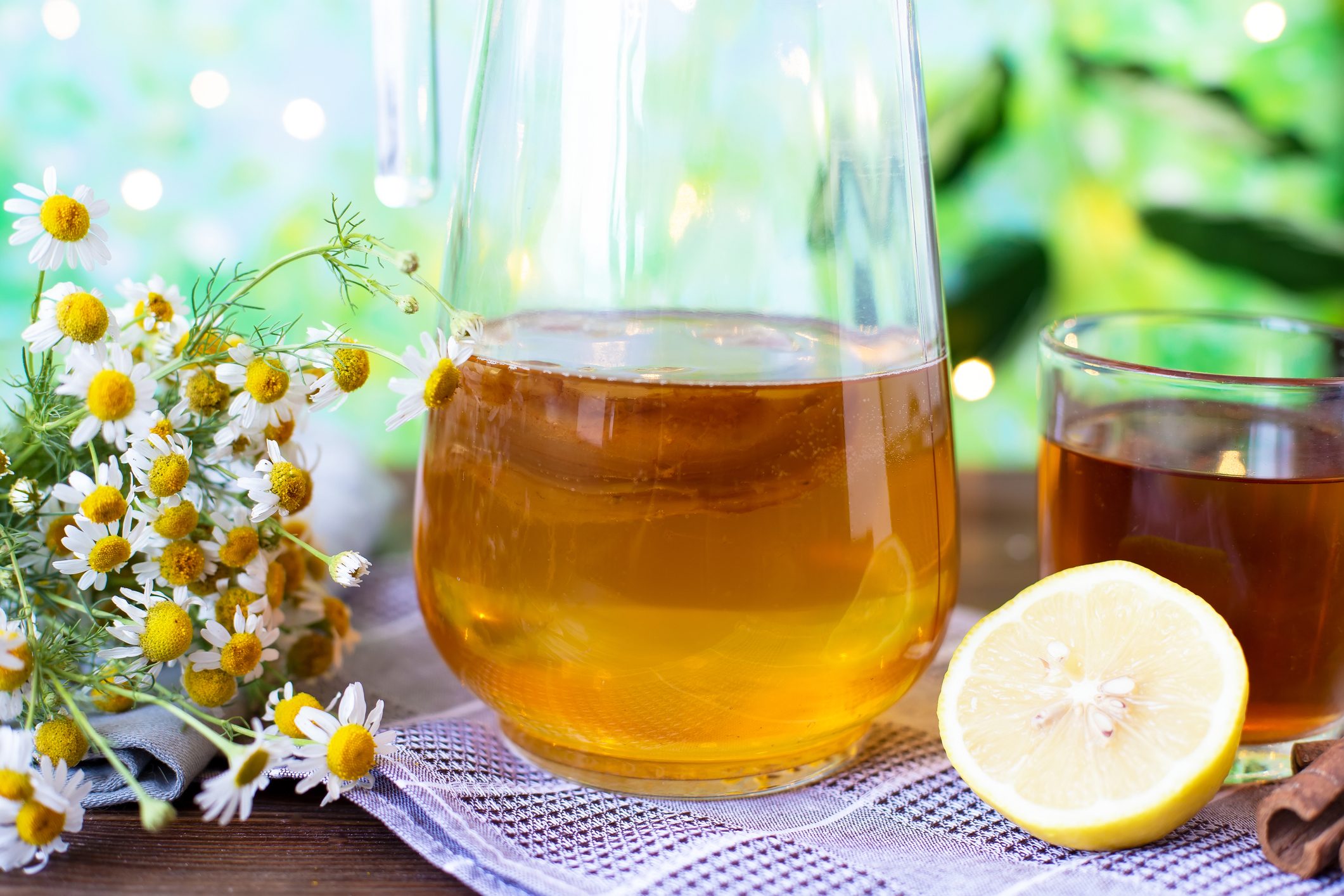 homemade Kombucha in a jar with chamomile flowers and lemon