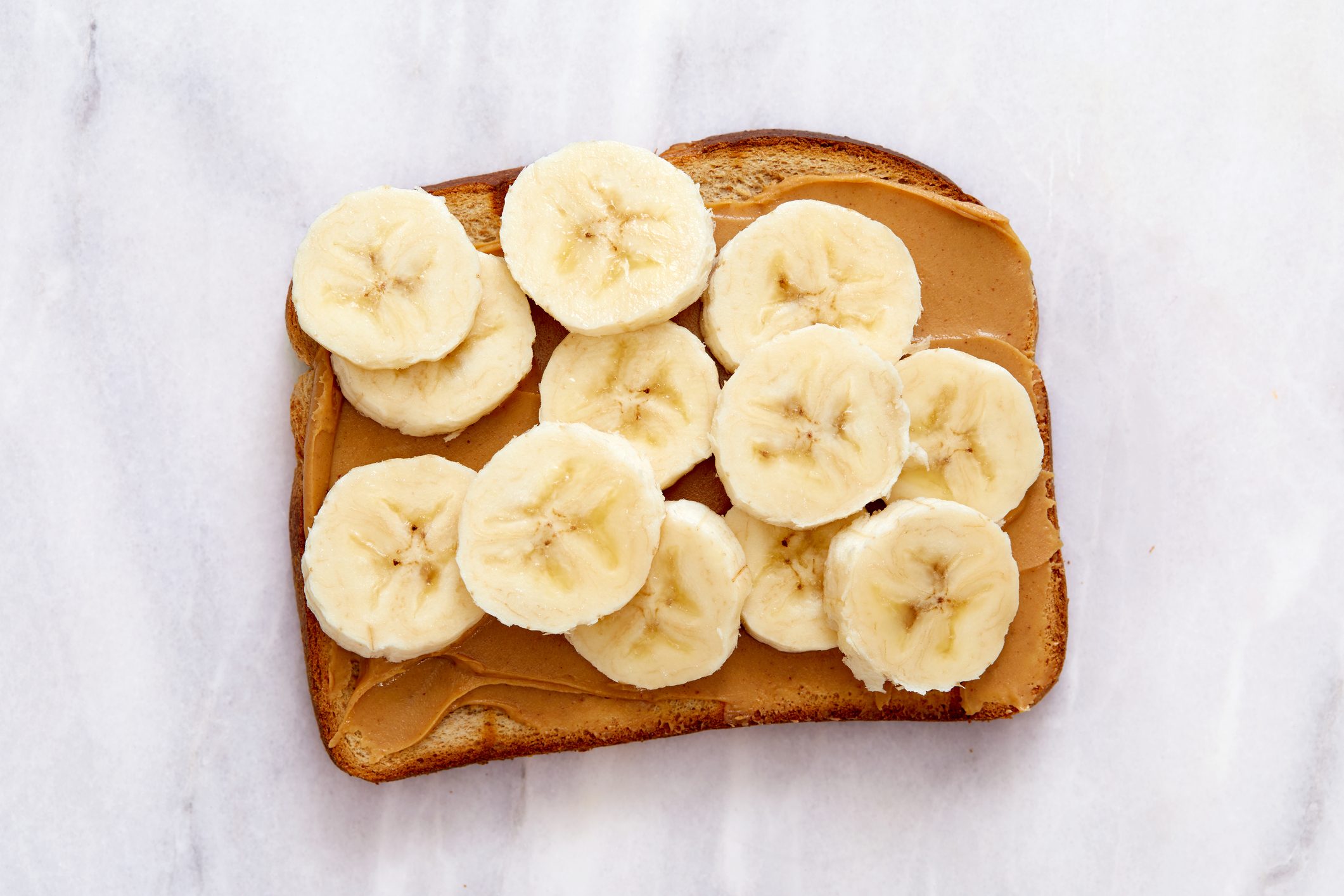 Overhead view of peanut butter and banana toast