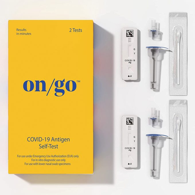 On/Go at home covid test box and contents