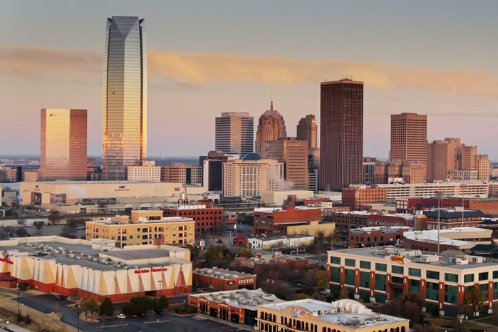 Bricktown and Central Business District at Sunrise in Oklahoma City - Aerial