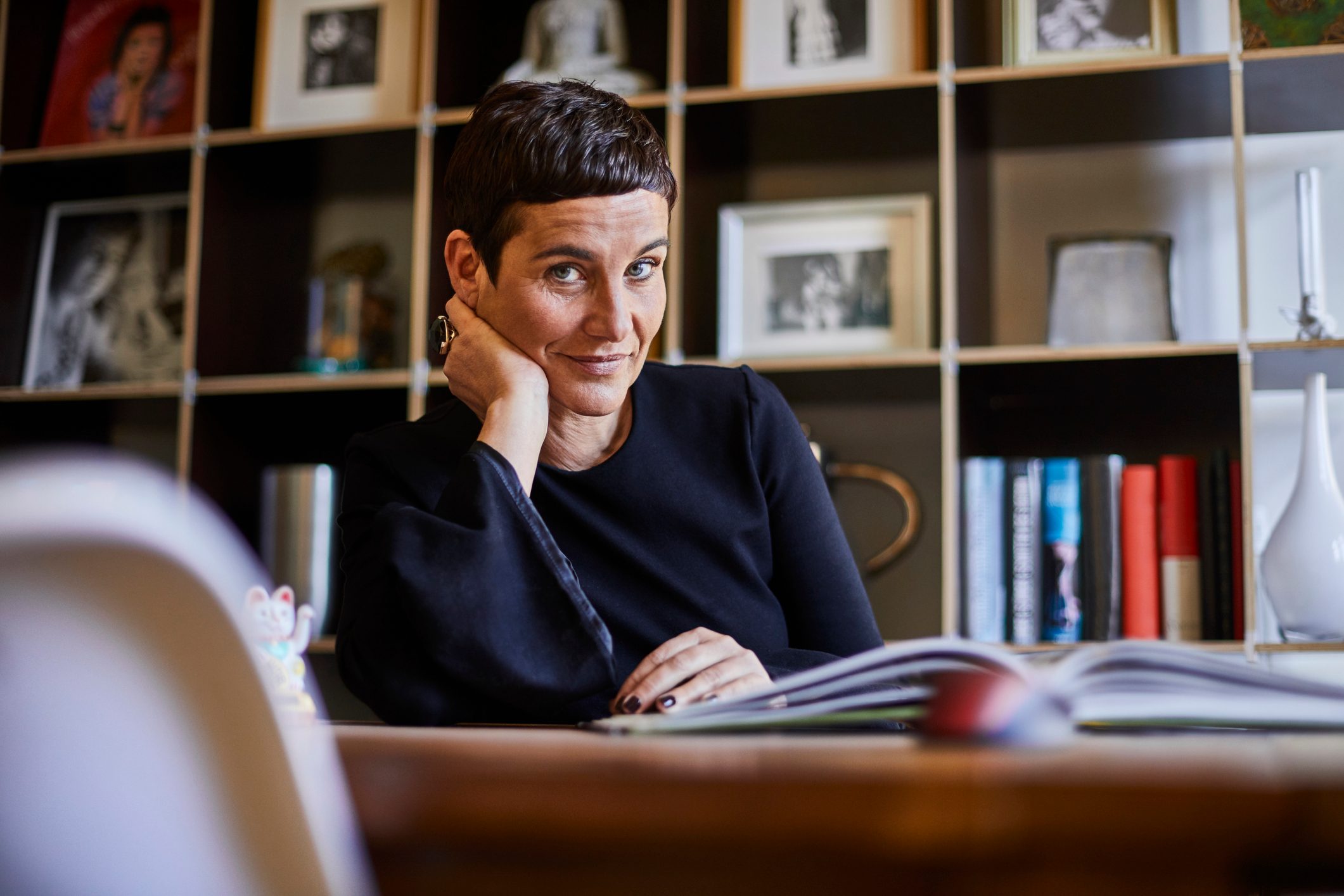 Portrait of smiling short-haired woman at home