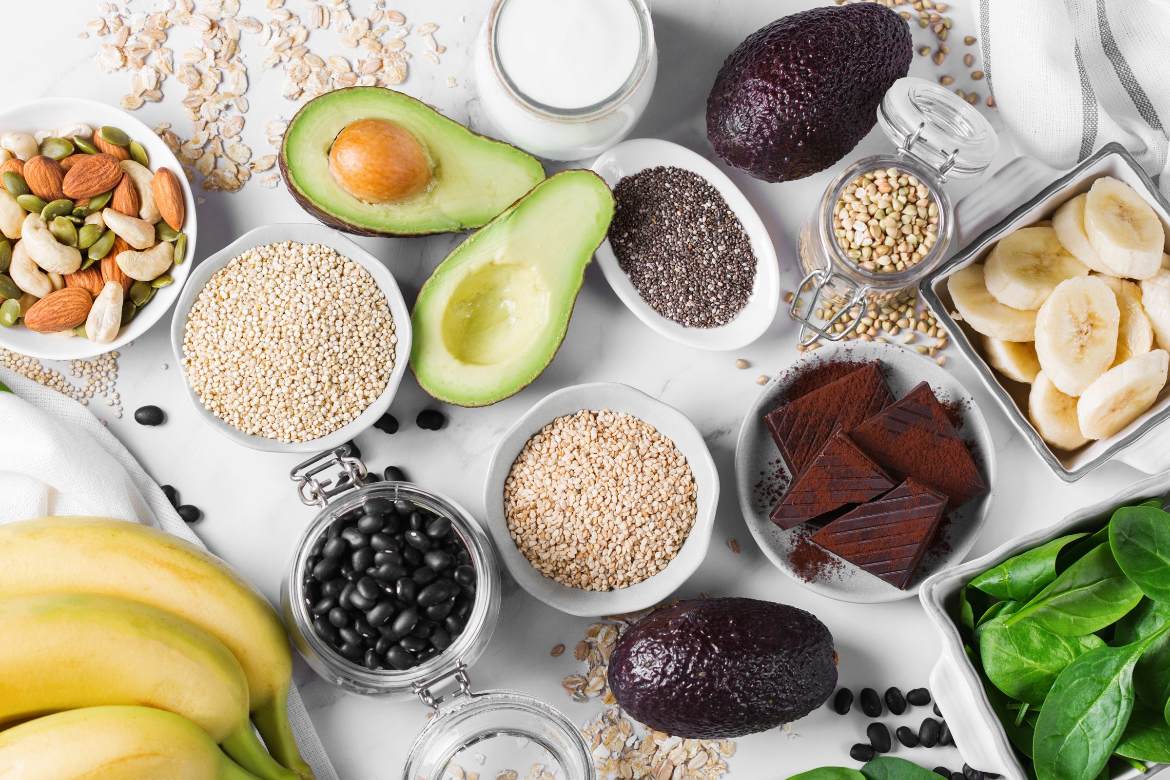 top view of an assortment of foods high in Magnesium