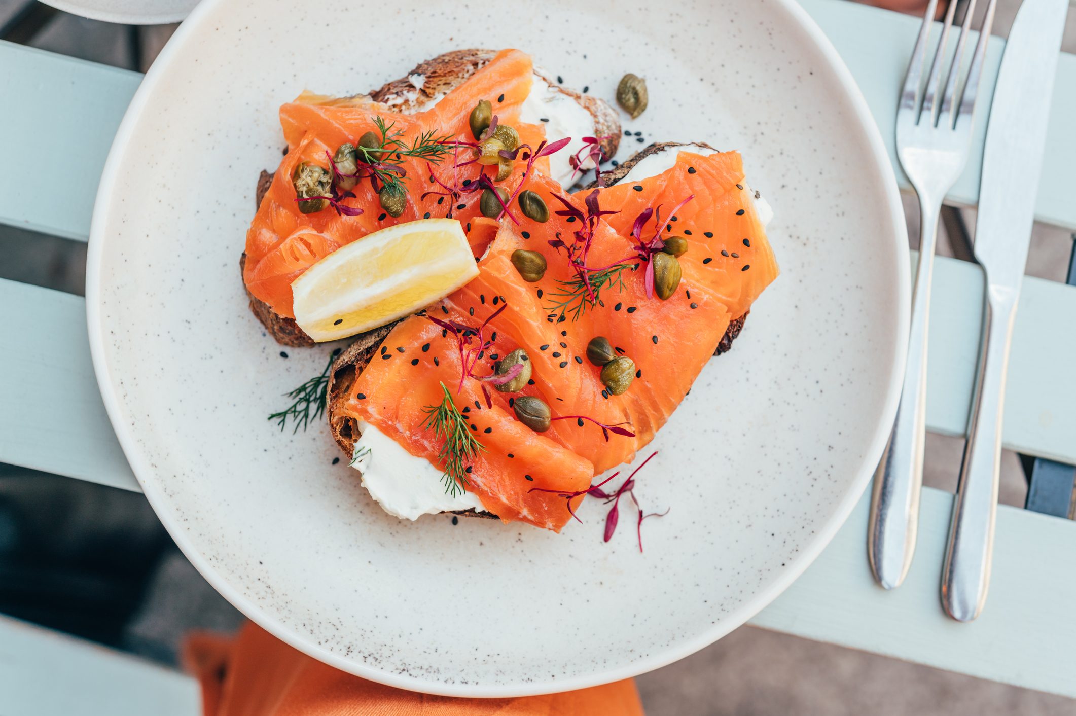 Healthy breakfast with toast and salmon