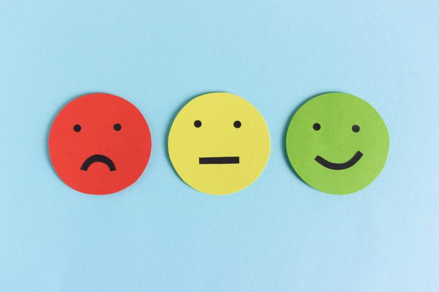 Row Of Three Colorful Smileys For Expressing Satisfaction Dissatisfaction And Indifference Composed On Blue Background