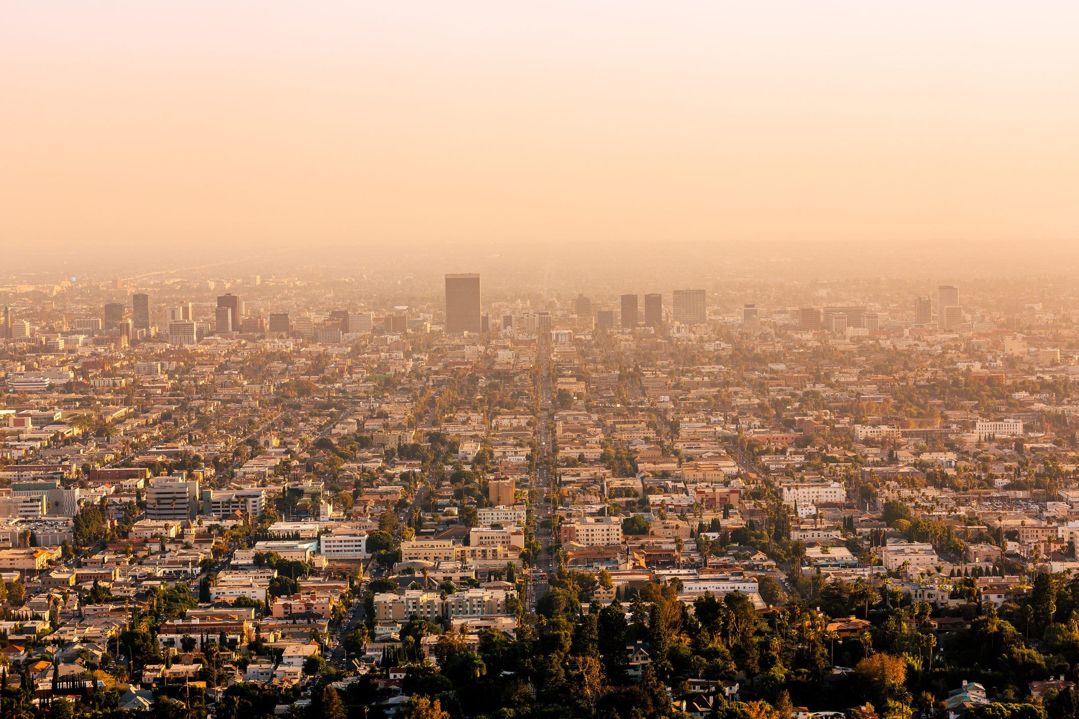 Los Angeles skyline at sunset, aerial view, California, USA