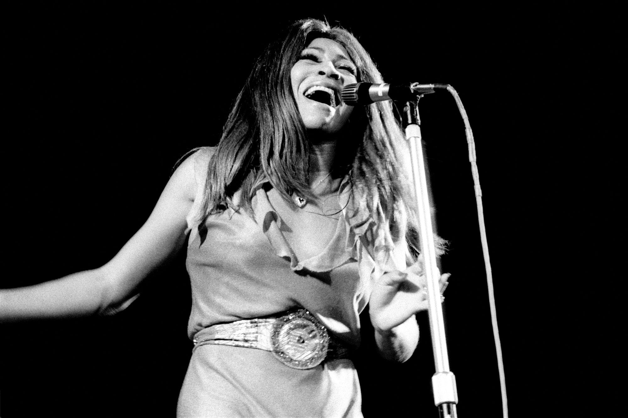 Tina Turner performs on stage in 1972 in Copenhagen, Denmark.