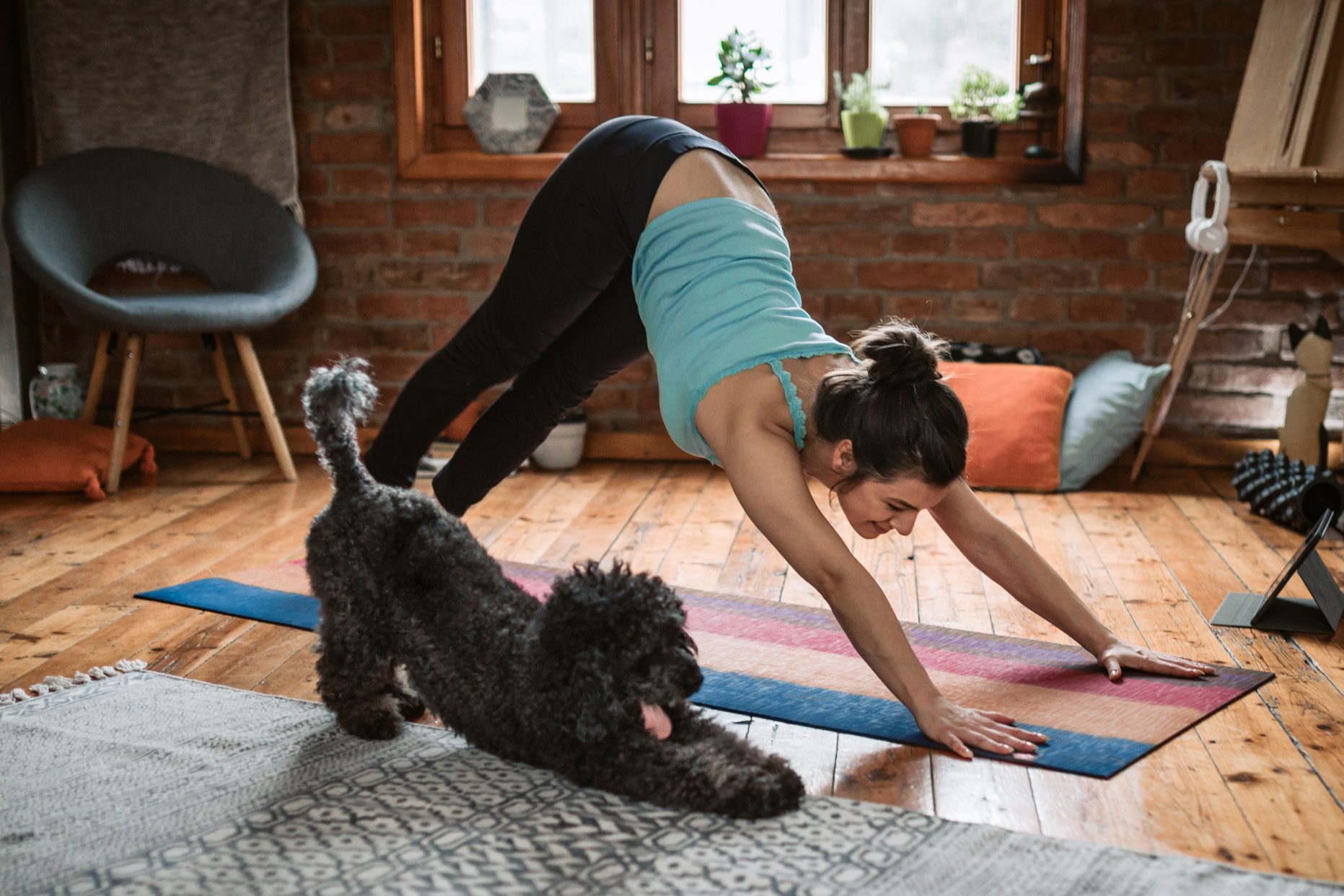 Woman doing yoga with her dog