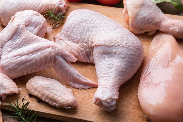 Raw chicken cuts on a cutting board