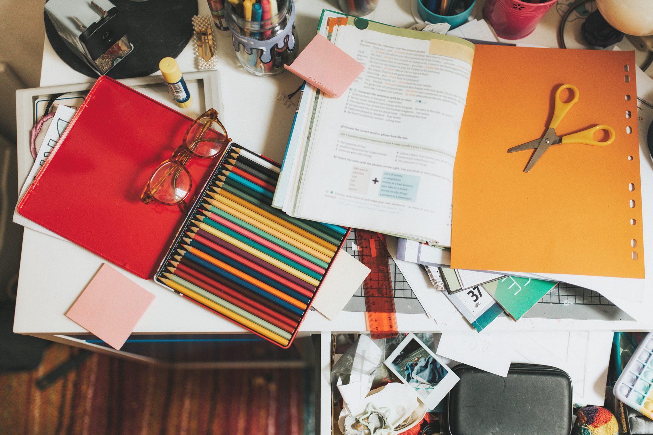 untidy desk of school child