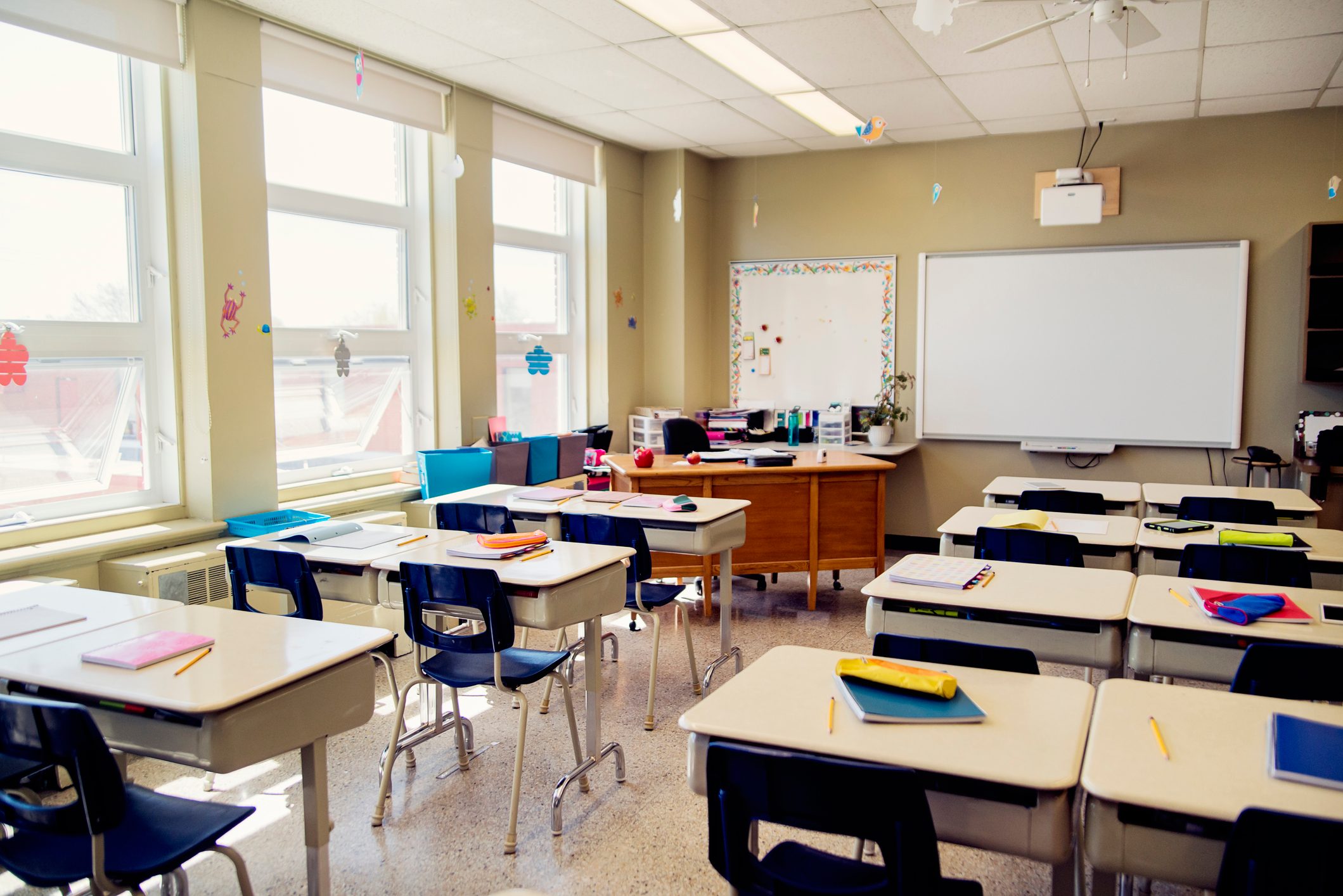 Empty elementary classroom during recess.