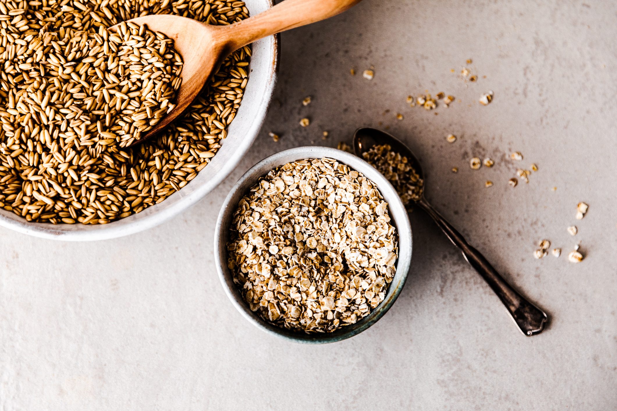 Top view of organic rolled oats in a bowl