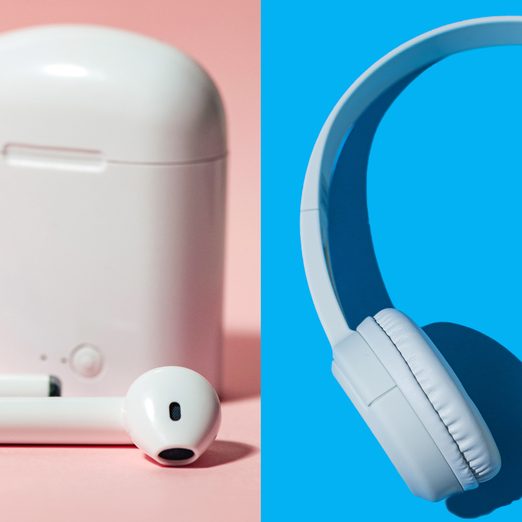 side by side of earbuds on a pink background and headphones on a blue background