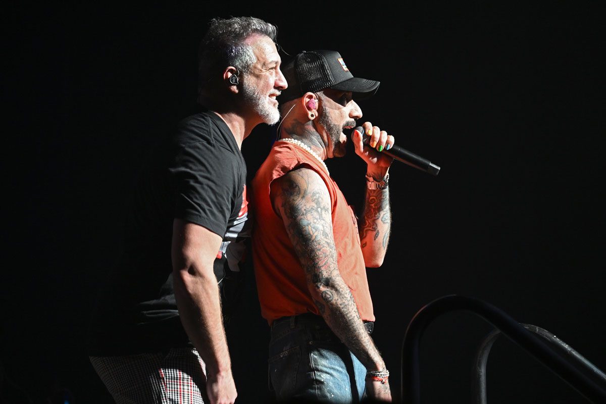 Joey Fatone (L) and AJ McLean perform at Whitney Hall on June 29, 2024 in Louisville, Kentucky