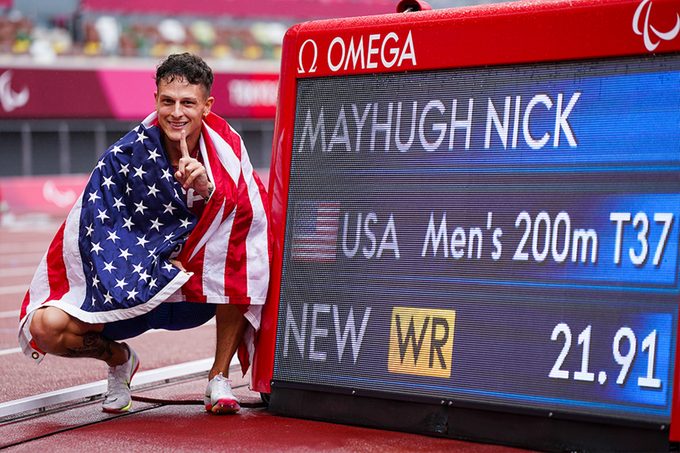Nick Mayhugh of USA competing on Men's 200m - T37 Final during the Tokyo 2020 Paralympic Games at Olympic Stadium on September 4, 2021 in Tokyo