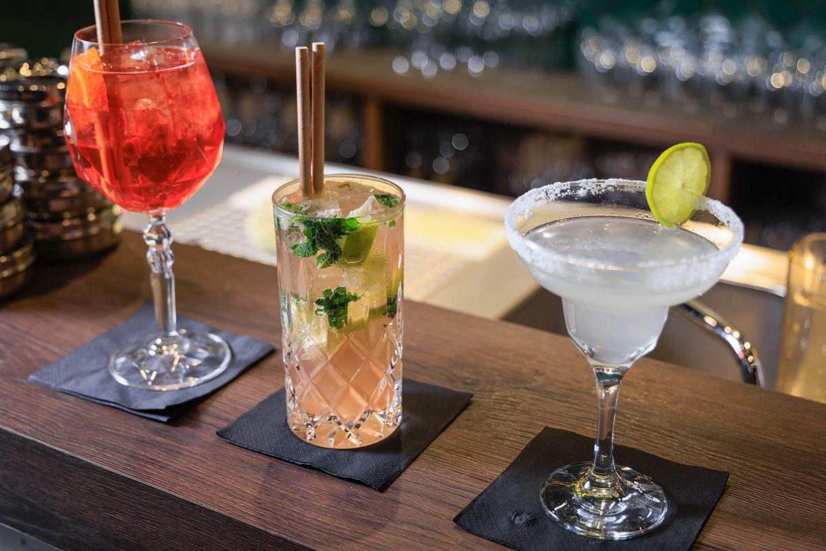 cocktails on a bar countertop