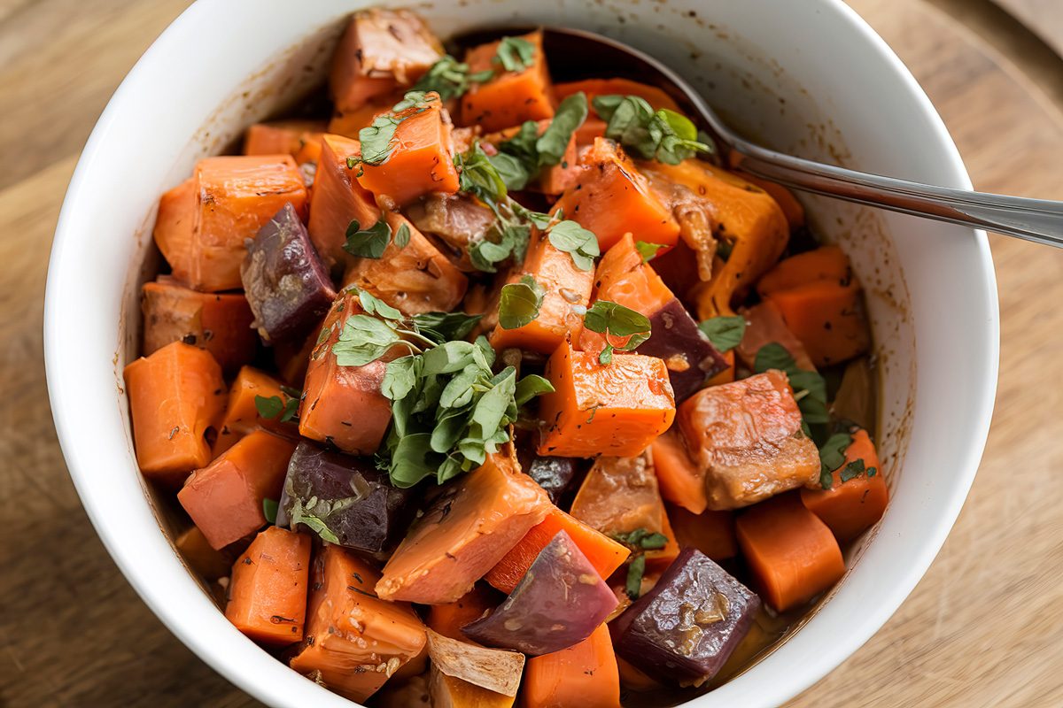 A close-up photo of a bowl filled with diced carrots and diced sweet potatoes